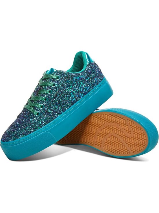 Shoes - Women's Green Glitter Shiny Sequin Sparkly Bling Thick Sole Walking Sneakers